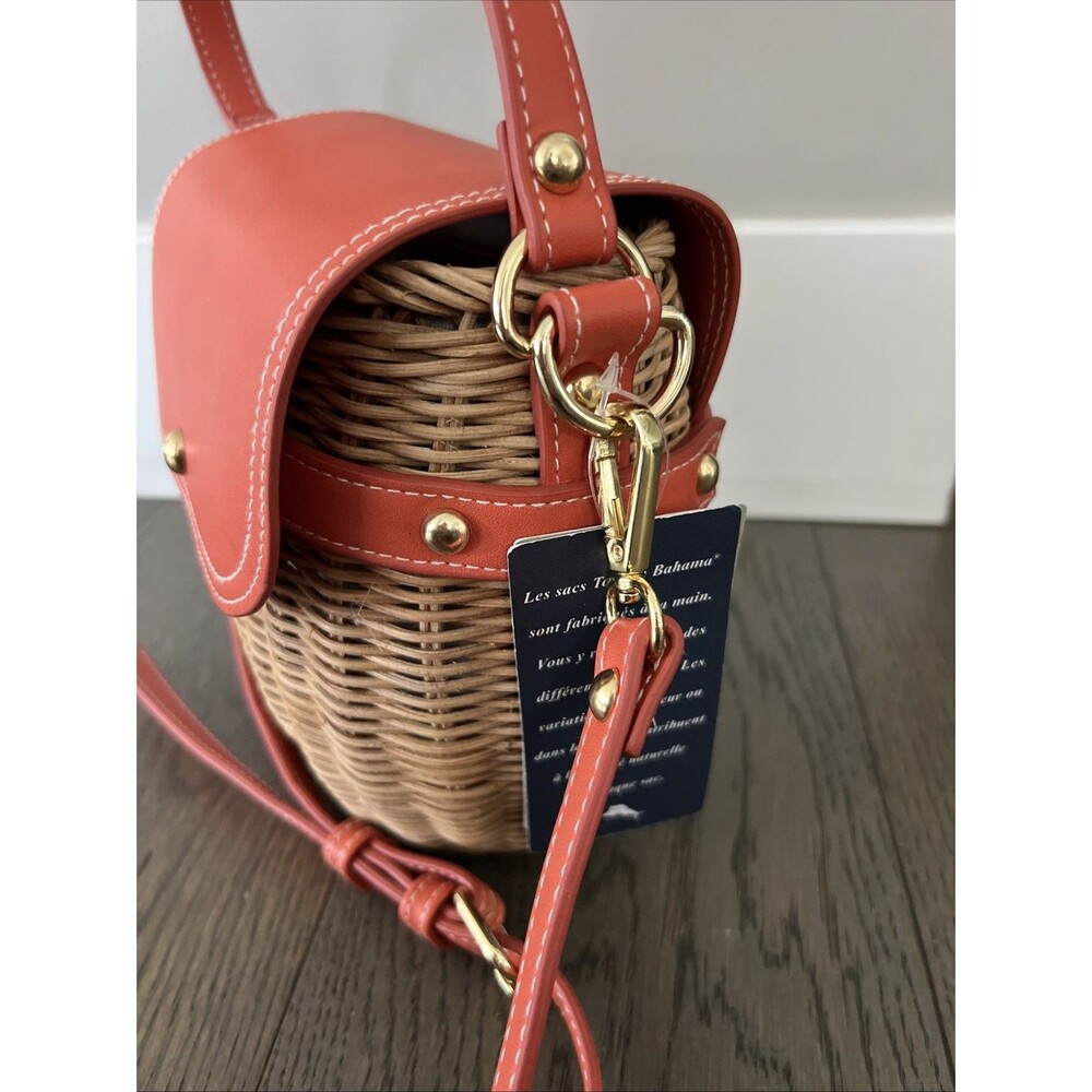 TOMMY BAHAMA Flap Picnic Basket Cross-body Straw Bag Coral Leather Studs NWT - Picture 3 of 8